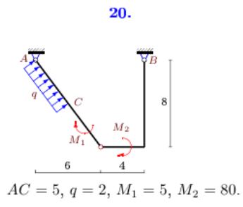 <b>РГР №4. Расчет простой составной конструкции с распределенной нагрузкой</b> <br />Конструкция состоит из двух частей, соединенных шарнирно. Определить реакции опор конструкции (в кН). Размеры даны в метрах, моменты с кН•м, распределенные нагрузки в кН/м. <br /><b>Вариант 20</b>