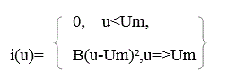<b>  Нелинейное преобразование спектра сигнала </b><br />  11.15 (УР). В ряде случаев, например для описания свойств мощных трансформаторов, оказывается удобной так называемая кусочно-параболическая аппроксимация ВАХ (см.рис.ниже): <br /> где В-численный параметр (А/В²), находимый экспериментально. Выведите формулы для расчета амплитуд гармонических составляющих тока, возникающего под действием напряжения u=U0+Umcos ωt.