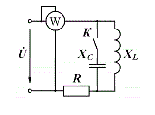 <b>Задача 1. </b><br />Определите показания прибора в цепи при замкнутом и разомкнутом выключателе, если U = 100 В, R = 40 Ом, Х<sub>L</sub> = Х<sub>С</sub>  = 30 Ом.