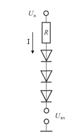 <b>Задача № 1.2.2</b>. В схеме, изображенной на рисунке, Uп = 5 В; R = 1,6 кОм; UBX = 0,2 В.  <br />  Определить ток через диоды и напряжение на каждом диоде. Определить дифференциальное сопротивление диодов Rдиф и сопротивление постоянному току Rп. Вольт-амперная характеристика диодов задана.