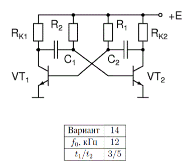 <b>Мультивибратор на биполярных транзисторах</b><br /> Рассчитайте схему мультивибратора на биполярных транзисторах с параметрами β≥100,f_г>100 МГц,I_кmax=100 мА с заданной частотой и отношением длительности импульса и паузы. Напряжение питания схемы E=5 B.  <br /> <b>Вариант 14</b>
