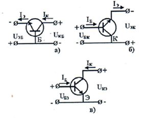 <b>8.</b><br />Укажите схему включения транзистора с общим эмиттером (ОЭ):<br /> 1-а <br />2-б<br /> 3-в<br /> 4-другой ответ