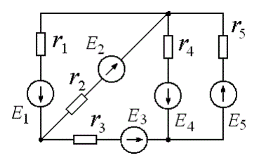 В контрольной работе необходимо выполнить следующее:  <br />1. Вычертить электрическую схему согласно варианту, указанному преподавателем. Значения электрических параметров схемы приведены в табл.1. На схеме обозначить условно-положительные направления неизвестных токов.  <br />2.Составить уравнения для неизвестных значений токов по первому и второму законам Кирхгофа.  <br />3. Привести систему уравнений к нормальному виду и составить расширенную матрицу.  <br />4. Решить систему на компьютере.  <br />5. Проверить правильность расчета электрической цепи путем составления баланса мощностей. В случае несовпадения генерируемой и потребляемой мощностей вторично проверить правильность составления уравнений и повторить расчет.  <br />6. Выполнить расчет цепи методом контурных токов. Провести сравнение с токами, полученными при решении с помощью законов Кирхгофа.  <br /><b>Вариант 1 данные 3</b>   <br />Дано: E1 = 15 В, E2 = 6 В, Е3 = 8 В, Е4 = 5 В, Е5 = 15 В <br />R1 = 4 Ом, R2 = 8 Ом, R3 = 10 Ом, R4 = 6 Ом, R5 = 8 Ом