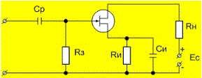 В усилителе, показанном на рисунке, при |U<sub>ЗИ</sub> |=5 В ток стока  I<sub>С</sub>=0,6 мА. Определить: а) сопротивление резистора R<sub>И</sub>, если падением напряжения U<sub>З</sub>=I<sub>З</sub>∙R<sub>З</sub> пренебречь; б) E<sub>C</sub>, если R<sub>Н</sub>=R<sub>И</sub>=25 кОм, U<sub>СИ</sub>=5 В.