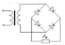 <b>37.</b><br /> На рисунке изображена схем…. <br />1) однополупериодного выпрямителя<br /> 2) трехфазного однополупериодного выпрямителя <br /> 3) двухполупериодного выпрямителя с выводом вторичной обмотки трансформатора  <br />4) двухполупериодного мостового выпрямителя  