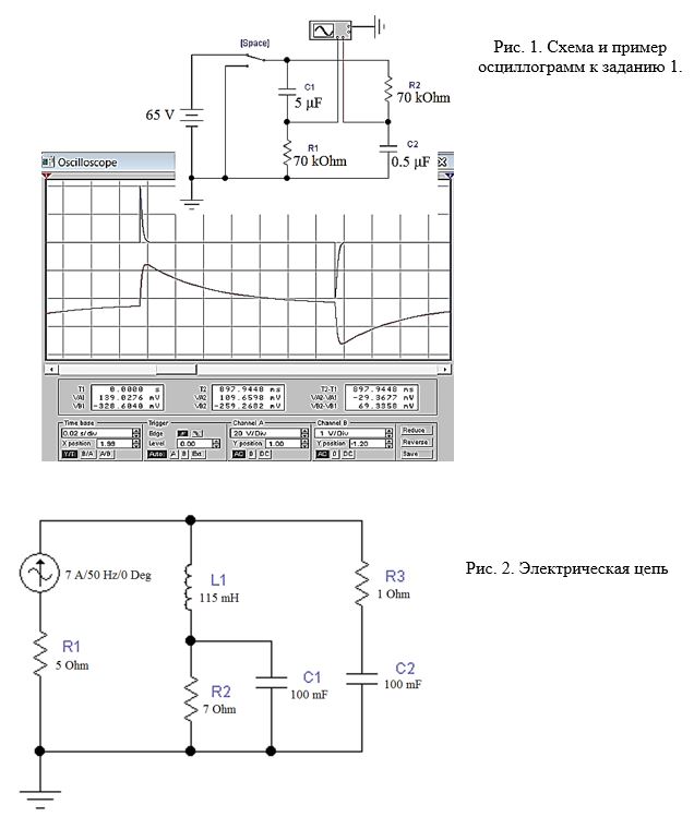<b>Расчет и моделирование электрических схем.</b> (Курсовая работа )<br />1. Разряд конденсатора через резистор<br />1.1. Соберите схему в соответствие с рис. 1. Рассчитайте временные зависимости напряжения на конденсаторе и тока через него при закорачивании RC-цепи при переключении ключа [Space]. <br />1.2. Получите осциллограммы тока и напряжения (напряжение на резисторе пропорционально току через конденсатор). По осциллограммам определите постоянную времени τ = RC. <br />1.3. Напишите законы изменения напряжения и тока при разряде и заряде конденсатора – краткие теоретические сведения.    <br />2. Рассчитать падения напряжения на элементах L1 и С1 (рис. 2). Определить полную, активную и реактивную мощности цепи. Проверить результаты расчетов экспериментально<br /> <b>Вариант 6</b>
