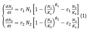 <b>Задание №1</b> Преобразовать систему (1) к безразмерной форме (2). В работе должны быть приведены соответствующие подробные вкладки.( В каждом варианте эта часть одинаковая) <br /><b>Задание №2 </b>Исследовать три «граничных» состояния равновесия системы (2)(т.е. состояния равновесия на границе множества  R<sub>+</sub><sup>2</sup> ) – О(0,0), S<sub>1</sub> (1,0)  и S<sub>2 </sub>(0,1). Определить характеристические уравнения, вычислить характеристические числа линеаризованной в эти точках системы (2), и для Вашего варианта набора областей значений параметров из таблиц №1,2 определить тип состояний равновесия  О(0,0), S<sub>1</sub> (1,0)  и S<sub>2</sub> (0,1). В работе должны быть приведены соответствующие подробные вкладки. <br /><b>Задание №3 </b>Исследование Вашего варианта модели (2). В этом исследовании необходимо: <br />(1) Построить для Вашего варианта модели (2) с помощью пакета Microsoft Paint графики горизонтальной и вертикальной изоклин системы (2) (качественный вид) (2) <br />На основе анализа расположения горизонтальной и вертикальной изоклин системы (2) внутри первого квадранта (множество R<sub>++</sub><sup>2</sup>) попытаться  определить возможное количество состояний равновесия, их расположение, а также их тип. Нарисовать возможный вид фазового портрета модели (2) (качественный вид) <br /> Задано: Общий вид модели Гилпина-Айала динамики конкурентного взаимодействия двух биологических популяций