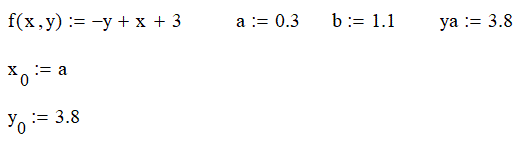 Задача Коши<br />Численно решить задачу Коши для обыкновенного дифференциального уравнения 1-го порядка на отрезке [a,b] с шагом h=0.2, h=0.4<br />а) методом Эйлера<br />б) исправленным методом Эйлера<br />в) методом Эйлера-Коши<br />Оценить погрешность по правилу Рунге. Найти точное решение задачи. Убедиться в правильности полученной оценки. Построить графики точного и приближенного решений<br /> <b>Вариант 3</b>