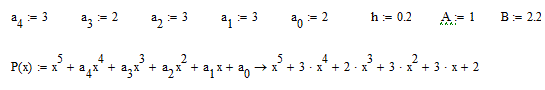 Численное интегрирование<br />Вычислить интеграл от многочлена P(x) в пределах от 1 до 2.2 с шагом h = 0.2, используя формулы:<br /> а) центральных прямоугольников;<br />б) трапеций;<br />в) Симпсона.<br /> Оценить погрешность результатов. Проверить справедливость оценок, сравнив полученные приближенные значения интеграла с точным значением, вычисленным по формуле Ньютона-Лейбница<br /> Значение многочлена вычислять по схеме Горнера. Промежуточные вычисления вести с шестью значащими цифрами. Ответы записать с учетом погрешности<br /> <b>Вариант 5</b>