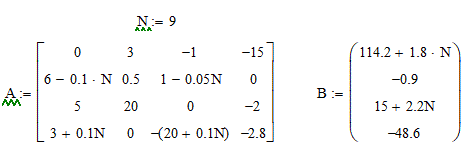 Решение систем линейных алгебраических уравнений<br />Решить систему линейных алгебраических уравнений<br />Ах=В<br />а) методом Гаусса с выбором главного элемента<br />б) методом простых итераций (с оценкой достаточного числа итераций)<br /> в) методом Зайделя<br /> Решение найти с точностью 10<sup>-3</sup><br />В промежуточных вычислениях удерживать 4-5 знаков после запятой<br /> <b>Вариант 9</b>