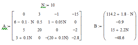 Решение систем линейных алгебраических уравнений<br />Решить систему линейных алгебраических уравнений<br />Ах=В<br />а) методом Гаусса с выбором главного элемента<br />б) методом простых итераций (с оценкой достаточного числа итераций)<br /> в) методом Зайделя<br /> Решение найти с точностью 10<sup>-3</sup><br />В промежуточных вычислениях удерживать 4-5 знаков после запятой<br /> <b>Вариант 10</b>