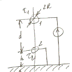 <b>Э5-04</b><br />φ1 = 10 кВ, φ2 = 0<br />h = 5 м<br />d = 2 м<br />R = 10 мм<br />Определить линейную плотность заряда на втором проводе 