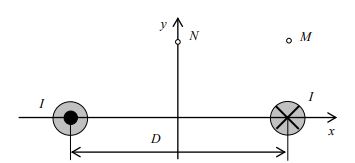 <b>Задание 11.4</b><br />Направление постоянного тока в проводах I=50 А показано на рисунке. Расстояние между осями проводов D=2 м. Определить напряженность магнитного поля в точках M и N. Координаты точек: x<sub>M</sub>=1 м, y<sub>M</sub>=1 м; x<sub>N</sub>=0, y<sub>N</sub>=1 м.