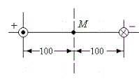 <b>Задание 11.2</b><br />По двухпроводной линии, радиус проводов которой 5 мм передается мощность 20 кВт при постоянном напряжении 400 В. На рисунке расстояния указаны в миллиметрах. Пренебрегая сопротивлением проводов, найти значение и направление вектора Пойнтинга в точке М. Объяснить, как изменится решение задачи, если задано не напряжение, а сопротивление нагрузки (при той же мощности)