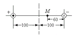 <b>Задание 11.2</b><br />По двухпроводной линии, радиус проводов которой 5 мм передается мощность 20 кВт при постоянном напряжении 400 В. На рисунке расстояния указаны в миллиметрах. Пренебрегая сопротивлением проводов, найти значение и направление вектора Пойнтинга в точке М. Объяснить, как изменится решение задачи, если задано не напряжение, а сопротивление нагрузки (при той же мощности).