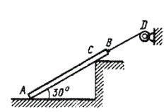 <b>Задача 7.</b> Однородную плиту АВ весом 4 кН равномерно вытягивают из приямка с помощью барабанной лебедки D в соответствии с рисунком. Приняв АВ =10 м и ВС =2 м, определить для данного положения плиты опорные реакции в точках А и С и силу натяжения троса BD. Трением пренебречь.
