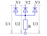 Три диода V1, V2 и V3 имеют общий анод. Известны напряжения на анодах (наверное, подразумевалось катодах, ведь анод общий, об этом написано в предыдущем предложении) диодов: U1=-120 В, U2=-100 В, U3=+100 В. Какие диоды находятся в открытом состоянии?<br />V1 и V2 <br />только V1     <br />только V2      <br />закрыты все три диода <br />только V3	