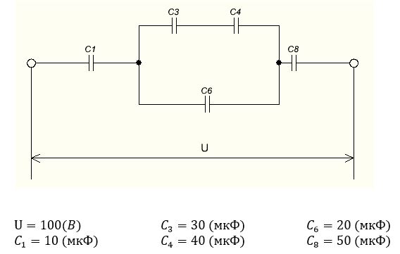 5.1. Записать номер работы, тему, номер варианта, в краткой форме условие задачи.   <br />5.2. Изобразить схему электрической цепи в соответствии с данными своего варианта.   <br />5.3. Проанализировать  структуру  электрической  цепи,  определить способы  соединения элементов.  <br />5.4. Определить эквивалентную ёмкость C.  <br />5.5. Вычислить заряд всей батареи Q=C⋅U.  <br />5.6. Найти  напряжение  и  заряд  на  каждом  конденсаторе,  используя свойства последовательного и параллельного соединений конденсаторов.  <br />5.7. Вычислить  энергию  электрического  поля  каждого  конденсатора  и  конденсаторной батареи.  <br />5.8. Убедиться,  что  энергия  электрического  поля  конденсаторной  батареи  равна сумме энергий электрического поля всех конденсаторов W=W1+W2+⋯+W8.<br /> <b>Вариант 1</b>