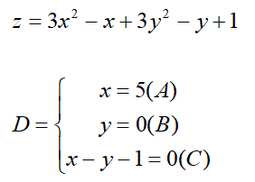 <b>Задание 2</b>. Найти наибольшее и наименьшее значения для каждой из заданных функций в указанной замкнутой области D. <br /><b>Вариант 4</b><br />z=3x<sup>2</sup>-x+3y<sup>2</sup>-y+1