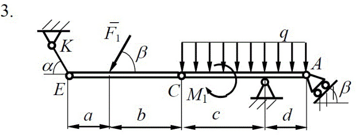 <b>Задание С2</b><br />Сочлененная система состоит из двух стержней, соединенных неподвижным цилиндрическим шарниром либо свободно опирающихся друг на друга, и имеет внешние опоры, изображенные на рис. 3.1. Внешние опоры могут содержать жесткую заделку, неподвижный цилиндрический шарнир, невесомый стержень или нить, подвижную опору. Система нагружена равномерно распределенной нагрузкой интенсивностью q и (или) линейно распределенной нагрузкой с максимальной интенсивностью q<sub>max</sub>, парой сил с моментом M1 и силой F1. <br />Определить реакции внешних и внутренних связей, наложенных на заданную систему тел. <br /><b>Схема 3 данные 6</b><br />Дано: F1=25kH, M1=20kН*м, q=1.6kН/м, α=50°, β=15°, a=5м, b=2м, c=3м,  d=1м.