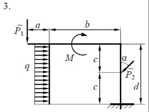 <b>Задание С1</b><br />Рама, имеющая опоры, в виде заделки или неподвижного цилиндрического шарнира и невесомого стержня, нагружена равномерно распределенной нагрузкой интенсивностью q или линейно распределенной нагрузкой с максимальной интенсивностью q<sub>max</sub>, парой сил с моментом М и силами P1 и P2, расположенными в плоскости рамы. <br />Определить реакции связей, наложенных на раму.<br /> <b>Схема 3 данные 6</b><br />Дано: M=20H*м, q=1.6H/м, P1=25H, P2=12H,  α=60°, a=b=2м, c=3м.