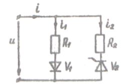 <b>3.10</b> Определить закон изменения во времени тока i в схеме, при  u=380sin628t, B, R1=50 Ом; R2=100 Ом, угол включения тиристора α=π/2.