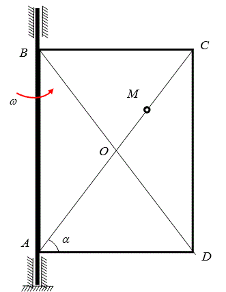 <b>Сложное движение точки </b><br />Прямоугольная пластина  вращается по с угловой скоростью ω=4-8·t<sup>2</sup> рад/с. По пластине вдоль прямой АС, движется точка М; закон ее относительного движения  s = 16·t<sup>2</sup>+12t (см) . Найти абсолютную скорость и абсолютное ускорение точки М в момент времени t=1/4 c, α=60°.<br /> <b>Вариант 20-5</b> 