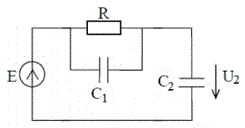<b>Вариант 5</b><br />Схема цепи приведена на рисунке. На входе действует источник напряжения Е. Выходным сигналом является напряжение на конденсаторе С2.  <br />Получите выражения для комплексного коэффициента передачи, АЧХ и ФЧХ цепи, определите частоту среза. Рассчитайте значение АЧХ на нулевой частоте и на бесконечности и постройте график АЧХ при С1=С2=С. <br />Как изменится график АЧХ, если вдвое увеличить сопротивление резистора (показать на том же графике)