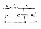 В изображенной схеме L = 50 мГн, C = 10 мкФ. <br />а) Определите А-параметры четырехполюсника при круговой частоте ω = 1000. <br />б) Четырёхполюсник нагружен на сопротивление Rн = 100 Ом и к нему приложено синусоидальное напряжение U1 = 10 В, ω = 1000. Определите напряжение на нагрузке U2 <br />в) Определите комплексный коэффициент передачи по напряжению Ku(jω) при холостом ходе и постройте его АЧХ и ФЧХ. <br />г) Каково соотношение между параметрами A, B, C, D в обратимом четырёхполюснике?