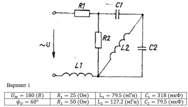 <b>Расчет однофазных линейных электрических цепей переменного тока </b><br />Выполнить следующее:  <br />1) начертить схему замещения электрической цепи, соответствующую варианту, рассчитать реактивные сопротивления элементов цепи;  <br />2) определить действующие значения токов во всех ветвях цепи;  <br />3) записать уравнение мгновенного значения тока источника;  <br />4) составить баланс активных и реактивных мощностей;  <br />5) построить векторную диаграмму токов, совмещенную с топографической векторной диаграммой напряжений.  <br />6) результаты расчетов занесем в соответствующую таблицу  <br /> <b>Вариант 1</b>