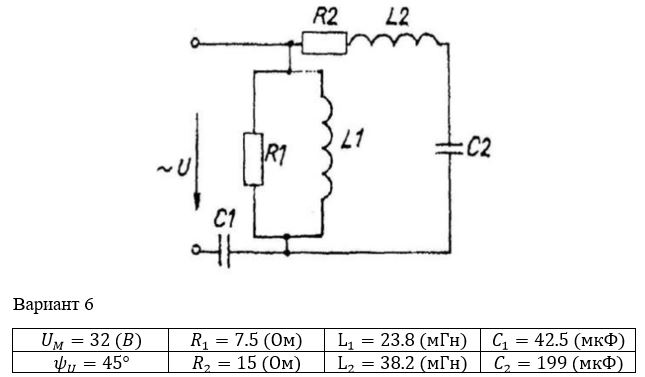 <b>Расчет однофазных линейных электрических цепей переменного тока </b><br />Выполнить следующее:  <br />1) начертить схему замещения электрической цепи, соответствующую варианту, рассчитать реактивные сопротивления элементов цепи;  <br />2) определить действующие значения токов во всех ветвях цепи;  <br />3) записать уравнение мгновенного значения тока источника;  <br />4) составить баланс активных и реактивных мощностей;  <br />5) построить векторную диаграмму токов, совмещенную с топографической векторной диаграммой напряжений.  <br />6) результаты расчетов занесем в соответствующую таблицу  <br /> <b>Вариант 6</b>