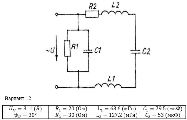 <b>Расчет однофазных линейных электрических цепей переменного тока </b><br />Выполнить следующее:  <br />1) начертить схему замещения электрической цепи, соответствующую варианту, рассчитать реактивные сопротивления элементов цепи;  <br />2) определить действующие значения токов во всех ветвях цепи;  <br />3) записать уравнение мгновенного значения тока источника;  <br />4) составить баланс активных и реактивных мощностей;  <br />5) построить векторную диаграмму токов, совмещенную с топографической векторной диаграммой напряжений.  <br />6) результаты расчетов занесем в соответствующую таблицу  <br /> <b>Вариант 12</b>