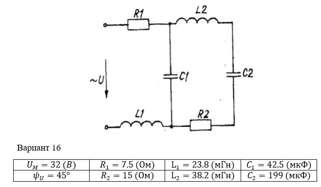 <b>Расчет однофазных линейных электрических цепей переменного тока </b><br />Выполнить следующее:  <br />1) начертить схему замещения электрической цепи, соответствующую варианту, рассчитать реактивные сопротивления элементов цепи;  <br />2) определить действующие значения токов во всех ветвях цепи;  <br />3) записать уравнение мгновенного значения тока источника;  <br />4) составить баланс активных и реактивных мощностей;  <br />5) построить векторную диаграмму токов, совмещенную с топографической векторной диаграммой напряжений.  <br />6) результаты расчетов занесем в соответствующую таблицу  <br /> <b>Вариант 16</b>