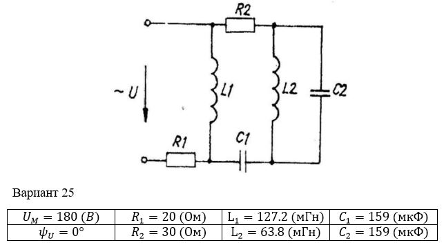 <b>Расчет однофазных линейных электрических цепей переменного тока </b><br />Выполнить следующее:  <br />1) начертить схему замещения электрической цепи, соответствующую варианту, рассчитать реактивные сопротивления элементов цепи;  <br />2) определить действующие значения токов во всех ветвях цепи;  <br />3) записать уравнение мгновенного значения тока источника;  <br />4) составить баланс активных и реактивных мощностей;  <br />5) построить векторную диаграмму токов, совмещенную с топографической векторной диаграммой напряжений.  <br />6) результаты расчетов занесем в соответствующую таблицу  <br /> <b>Вариант 25</b>