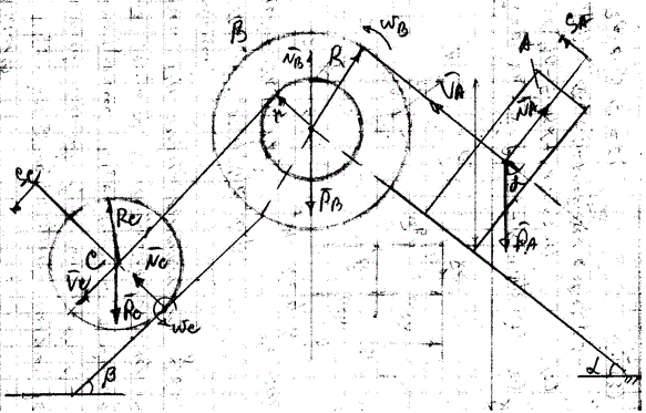Практическое задание 6 <br /><b>«Теорема об изменении кинетической энергии механической системы»</b><br /> Механизм, состоящий из груза А, блока В (больший радиус – R, меньший –   r, радиус инерции относительно центральной оси – i) и однородного круглого   цилиндра С радиусом RC, установлен на призме, закрепленной на плоскости.   Под действием сил тяжести из состояния покоя механизм пришел в   движение. Качение цилиндра (блока) происходит без проскальзывания.   Трения на неподвижной оси вращающегося блока (цилиндра) нет. Нити,   соединяющие тела, параллельны плоскостям. Какую скорость развил груз А,   переместившись на расстояние S<sub>A</sub>?<br /><b>Вариант 14 (Схема 14)</b> <br /> Дано: m<sub>A</sub>=9кг, m<sub>B</sub>=3кг, m<sub>C</sub>=12кг, α=30°, β=45°, R<sub>C</sub>=18см=0.18м, g≈9.8м/с<sup>2</sup>, R=36см=0.48м, r=24см=0.24м, i=32см=0.32м, S<sub>A</sub>=1м. <br />Определить: V<sub>A</sub>(S<sub>A</sub>)-?