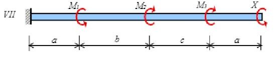 К стальному валу приложены три известных момента: M1, M2, M3 (рис. 3). <br />Требуется:  <br />1) установить при каком значении момента X угол поворота правого концевого сечения вала равен нулю;  <br />2) для найденного значения момента X построить эпюру крутящих моментов;  <br />3) при заданном значении [τ] определить диаметр вала из расчета на прочность и округлить его значение до ближайшего, равного: 30, 35, 40, 45, 50, 60, 70, 80, 90, 100, 110; 125; 140; 160; 180; 200 мм;  <br />4) построить эпюру углов закручивания;  <br />5) найти наибольший относительный угол закручивания (на 1 м).  <br />Данные взять из табл. 2 <br /><b>Вариант 117</b><br />Исходные данные: <br />Схема – VII; а= 1,1 м; b=1,2 м; c=1,7 м;  <br />М1=1,1кНм; М2=1,2кНм; М3=1,7кНм; <br />[τ]=35 МПа.