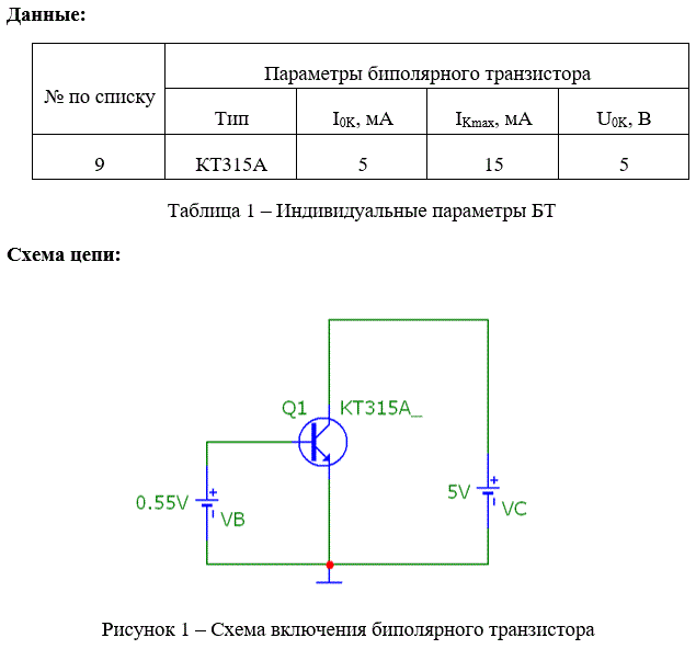 <b>Отчёт по лабораторной работе №2</b><br />  «Измерение статических характеристик и низкочастотных параметров биполярных транзисторов»<br /><b>Цель лабораторной работы: </b> Знакомство с методикой моделирования электронных схем в режиме расчёта передаточных функций по постоянному току. Изучение статических характеристик и низкочастотных параметров биполярных транзисторов. <br /><b>Вариант 9</b>