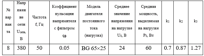 Расчет  неуправляемого выпрямителя с фильтром и управляемого  выпрямителя  в  режиме стабилизации   выходного  напряжения (расчетно-графическая работа №2)<br /> <b>Вариант 8</b>