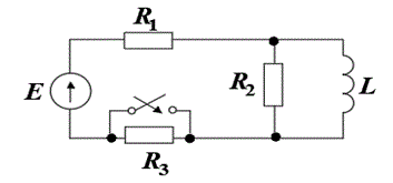 <b>Переходные процессы в линейной электрической цепи с сосредоточенными параметрами </b><br /> Для возникающего переходного процесса в электрической цепи выполнить: <br />– классическим и операторным методом рассчитать переходные токи в всех ветвях и переходное напряжение на реактивном элементе; <br />– построить графики тока и напряжения на реактивном элементе в функции времени t.  <br /> <b>Вариант 9</b> <br />Параметры цепи: Е=220 B, R<sub>1</sub>=150 Ом, R<sub>2</sub>=120 Ом, R<sub>3</sub>=200 Ом, L=0,4 Гн.  