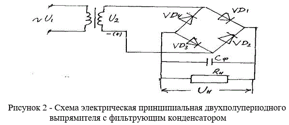 <b>Задача №2.  Расчет выпрямителя</b><br />Рассчитать для схемы выпрямителя приведенной на рис.2 значения: U2, Iд, Uобр, С<sub>Ф</sub>, и т.д., используя данные таблицы 2. <br />1. Выбрать емкость сглаживающего фильтра С<sub>Ф</sub> из условия непрерывности тока нагрузки. Выбор диода, трансформатора производить по справочникам.  <br />2. Для пояснения, описать принцип работы однофазной двухполупериодной мостовой выпрямительной установки, построить временные диаграммы напряжений и токов. Пояснить коэффициент пульсации и сравнить его с однополупериодной схемой. Начертить ВАХ. <br />3. Весь расчет ведется исходя из заданного выходного напряжения (U<sub>H</sub>) и максимального тока нагрузки (I<sub>H</sub>).<br /> <b>Вариант 6</b><br />Uн = 4,9 В<br />Iн = 0,6 А