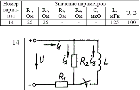Для заданной электрической схемы из табл. 5.1 с известными параметрами (табл. 5.2) рассчитать переходный процесс классическим и операторным методами, определить законы изменений токов и напряжений во времени. Построить эти зависимости.<br /> <b>Вариант 14</b>