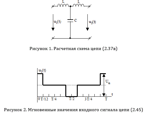 На рис.2.37 даны схемы, на вход которых воздействует одно из периодических напряжений u(t) (графики напряжений приведены на рис. 2.38 – 2.45). Схемы нагружены на активное сопротивление нагрузки Rн. Численные значения напряжения Um, периода Т, параметров схемы L, C и величины активного сопротивления нагрузки Rн приведены в таблице 2.2. <br />Требуется:<br />1. Разложить напряжение u(t) в ряд Фурье до пятой гармоники включительно, используя табличные разложения, приведенные в учебниках, и пояснение, имеющееся в указаниях к данной задаче.<br />2. Обозначив сопротивления элементов схемы в общем виде как Rн, jXL, –jXС, вывести формулу для комплексной амплитуды напряжения на нагрузке U2m через комплексную амплитуду входного напряжения U1m. Полученное напряжение пригодно для каждой гармоники, только под XL и XC следует понимать сопротивления для соответствующей гармоники.<br />3. Используя формулы п. 2, определить комплексную амплитуду напряжения на выходе (на нагрузке) для следующих гармоник ряда Фурье: для нулевой, первой и третьей гармоник в схемах рис. 2.37,в,г; для первой, третьей и пятой гармоник в схемах рис. 2. 37,а.б.<br />4. Записать мгновенное значение напряжения на нагрузке u2 = f(ω) в виде ряда Фурье.  <br /><b>Вариант 14</b><br />Дано <br />L=2,58 мГн; <br />C=1,43 мкФ; <br />T=0,483 мс; <br />Um=40 В; <br />Rн=49,6 Ом; <br />Схема: 2.37,в <br />Сигнал: 2.45