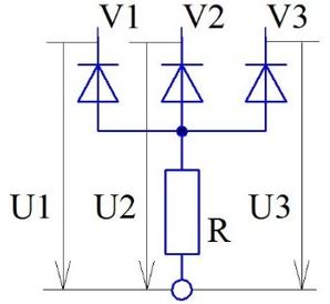 Три диода V1, V2 и V3 имеют общий анод. Известны напряжения на катодах диодов: U1 = -80 В, U2 = -100 В, U3 = +100 В. Какие диоды находятся в открытом состоянии?
