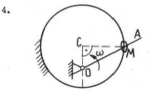 Кольцо М находится одновременно на стержне ОА и железном кольце радиуса 60 см. Стержень ОА вращается вокруг оси, проходящей через точку О с постоянной угловой скоростью ω = 5 сек<sup>-1</sup>, и заставляет кольцо скользить по окружности.  <br />Найти абсолютное ускорение колечка М в положении, указанном на чертеже, если ОС = 30 см. (С – центр окружности)