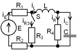 <b>Переходные процессы в RLC-цепи постоянного тока.</b>   <br />С источником ЭДС постоянного тока найти классическим и операторным  методами токи и напряжения в индуктивности и конденсаторе. <br /><b>Вариант 47.</b> <br />Дано: Схема 3C<br />E = 120 В <br />L = 10 мГн <br />C = 10 мкФ <br />R1 = 40 Ом, R2 = 60 Ом, R3 = 1000 Ом<br />R4 = 1000 Ом<br /><b>Переходные процессы в RLC-цепи переменного тока</b>.<br />f = 1400 Гц <br />ψ<sub>E</sub>=10°•47=470°=110°