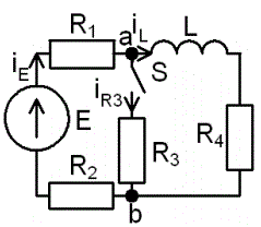 <b>Переходные процессы в RL-цепи переменного тока</b> <br />С источником ЭДС переменного синусоидального тока найти классическим методом ток и напряжение в индуктивности  <br />Построить диаграмму для t=0-4τ <br /><b>Вариант 47</b> <br />Дано: № схемы 3С <br />Е = 120 В ψ<sub>E</sub>=10°•Nвар=10°•47=470°=110°; <br />L = 10 мГн <br />R1 = 40 Ом <br />R2 = 60 Ом <br />R3 = R4 = 1000 Ом