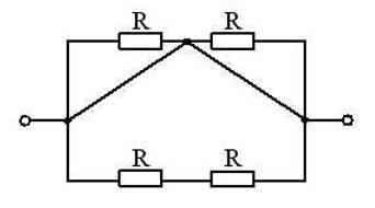 Если все резисторы имеют одинаковое сопротивление, то эквивалентное сопротивление цепи равно... <br />-: R<sub>Э</sub> = R/2 <br />-: R<sub>Э</sub> = 0 <br />-: R<sub>Э</sub> = 4R<br />-: R<sub>Э</sub> = 2R