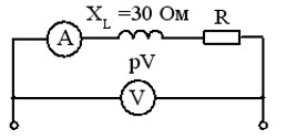 Если амперметр показывает pA = 8 А, а вольтметр pV = 400 В, то величина R составит… <br />-: 20 Ом <br />-: 30 Ом <br />-: 40 Ом <br />-: 50 Ом