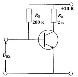 Транзистор с β = 50 и I<sub>КБО</sub> = 10 мкА при Т<sub>0</sub> = 20 С используется в схеме, изображенной на рисунке. Определите напряжение U<sub>КЭ</sub> при Т = 20 и 40 С. Какой температурный коэффициент сопротивления α должен был бы иметь терморезистор, включенный как R<sub>Б</sub>, чтобы при Т = 20 и 40 С ток коллектора остался неизменным? Принять, что при Т<sub>0</sub> напряжение U<sub>БЭ</sub> = 0,1 В.