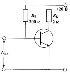 Транзистор с коэффициентом передачи тока базы β = 49 используется в схеме, изображенной на рисунке. Определите напряжение U<sub>КЭ</sub> при Т = 50 С, если обратный ток коллекторного перехода I<sub>КБО</sub> = 10 мкА зависит от температуры по закону I<sub>КБО</sub>(Т) = I<sub>КБО</sub>(Т<sub>0</sub>)exp[0,08(T-T<sub>0</sub>)], где Т<sub>0</sub> = 25 С. Принять, что при Т<sub>0</sub> напряжение U<sub>БЭ</sub> = 0,1 В.